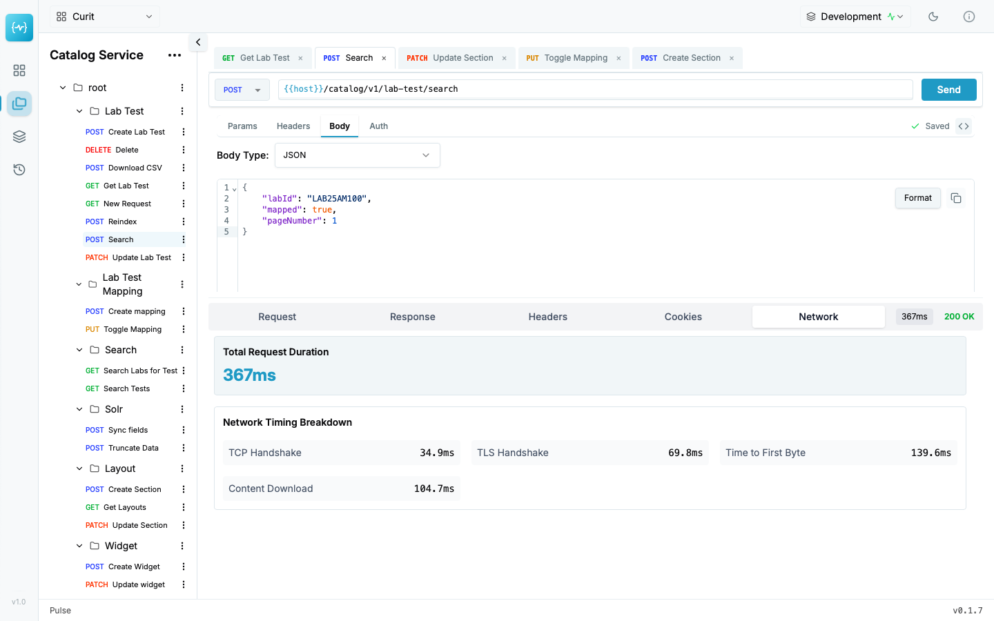 Pulse desktop REST API client showing its request editor and response viewer